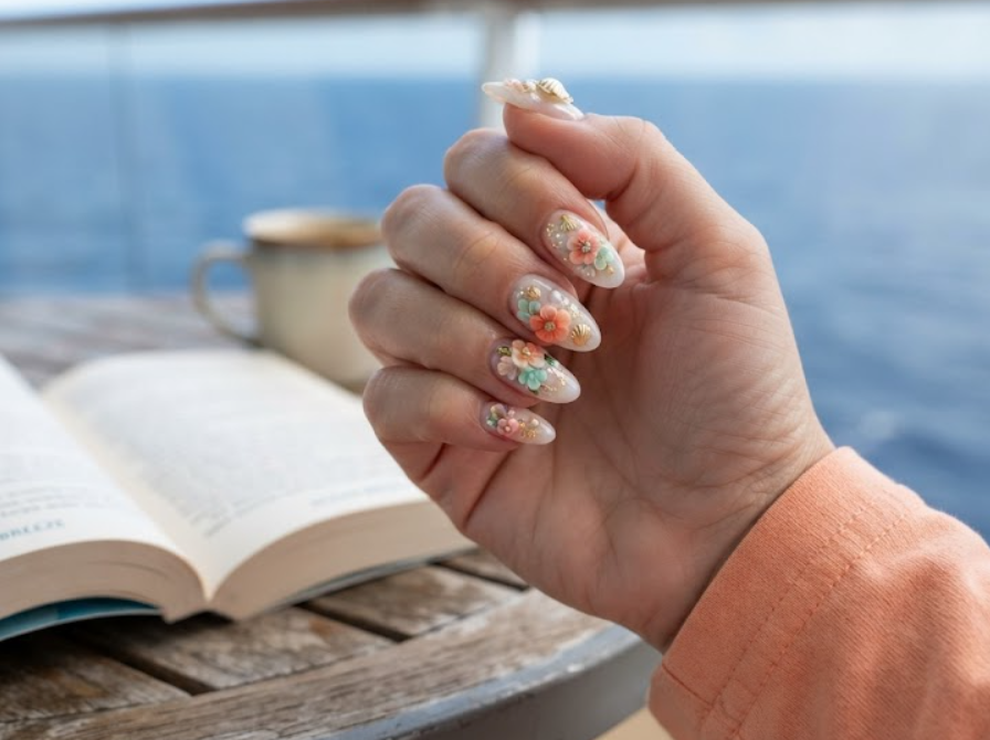 In this image, full hand nails feature Seaside Bouquet cruise nail ideas.