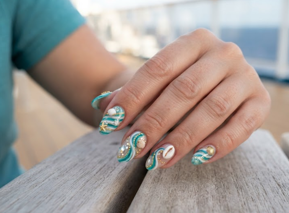 In this image, full hand nails feature Ocean Ribbon cruise nail ideas.