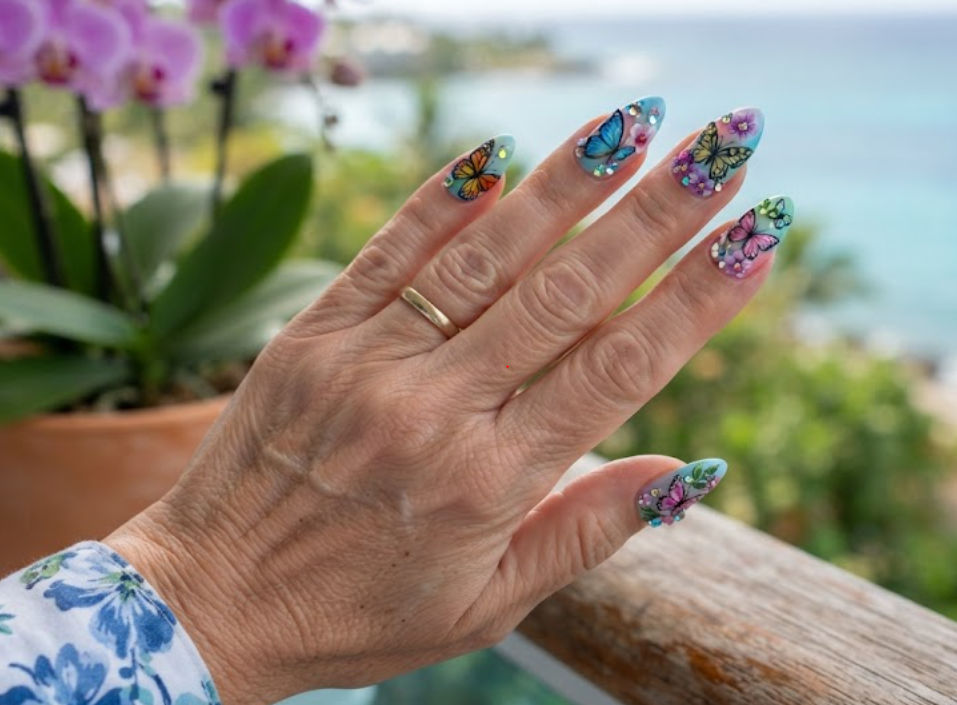 In this image, full hand nails feature Island Butterfly Garden cruise nail ideas.