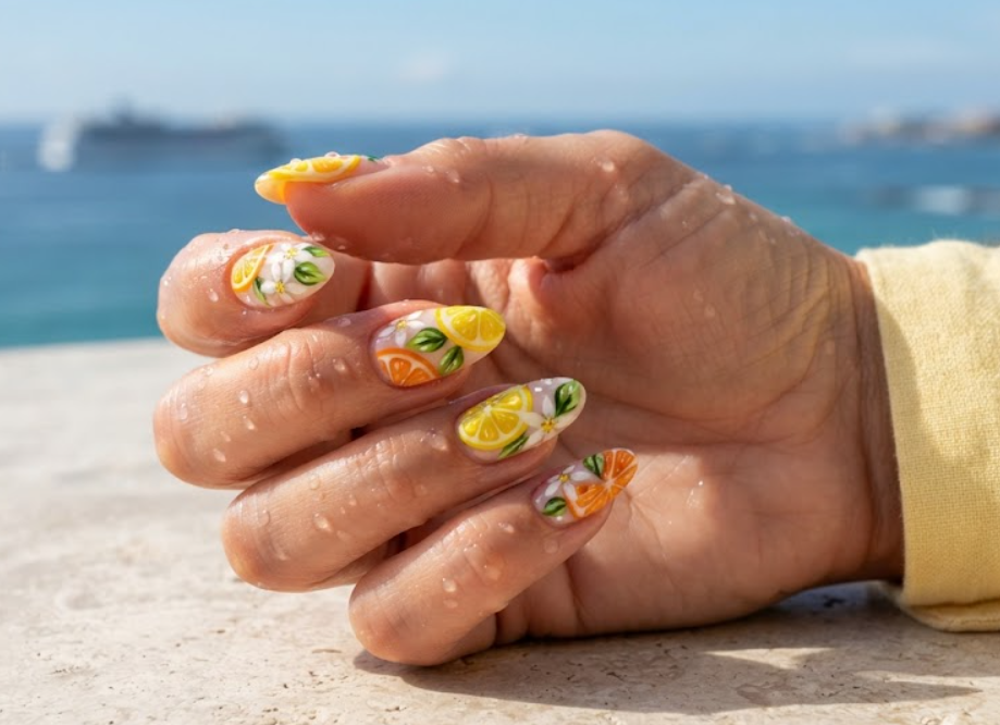 In this image, full hand nails feature Sun-Kissed Citrus cruise nail ideas.
