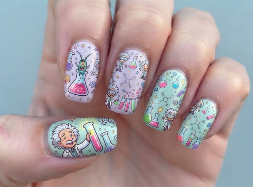In this photo, Patrick Star and Plankton are shown in a cartoon science lab with bubbling potions, microscopes, and fun experiment-themed nail art.