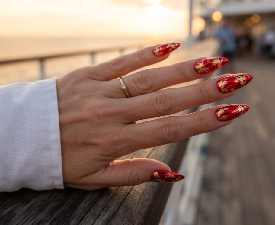 Close-up of long stiletto nails with cherry red chrome finish and gold foil accents for cruise vacation.