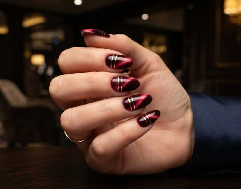 Burgundy velvet cat-eye nail art with fine gold chrome lines, ideal for a luxury cruise dinner.