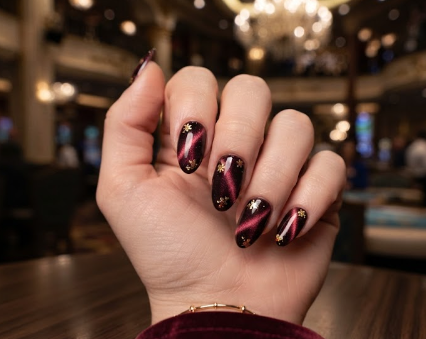 Coffin-shaped honeymoon nails featuring black and nude abstract swirls with gold foil details.
