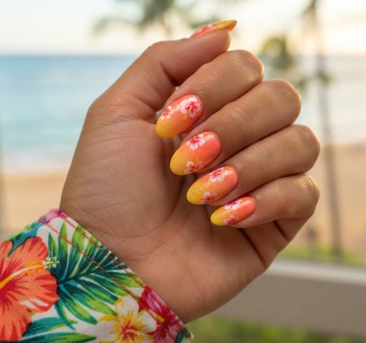 High-shine champagne gold chrome honeymoon nails with a white marble accent nail.