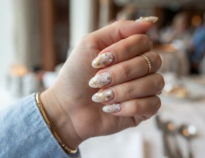 Soft white honeymoon nails featuring detailed white floral patterns, gold foil, and pearl embellishments.