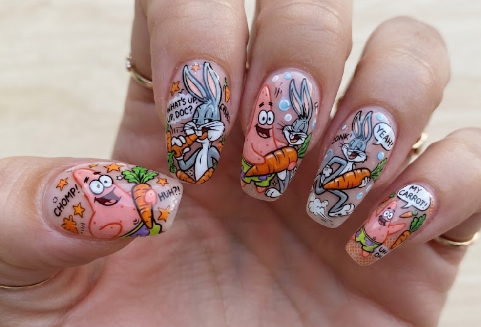 In this photo, Patrick Star and Bugs Bunny share a playful nail design featuring giant carrots, funny expressions, and classic cartoon artwork.