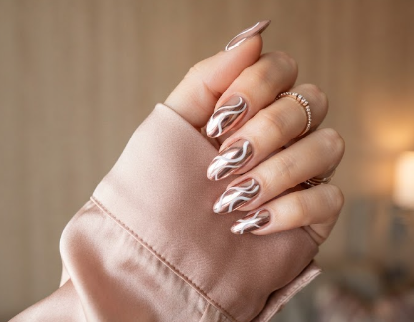 Highly reflective rose gold chrome honeymoon nails with fluid white swirl details.