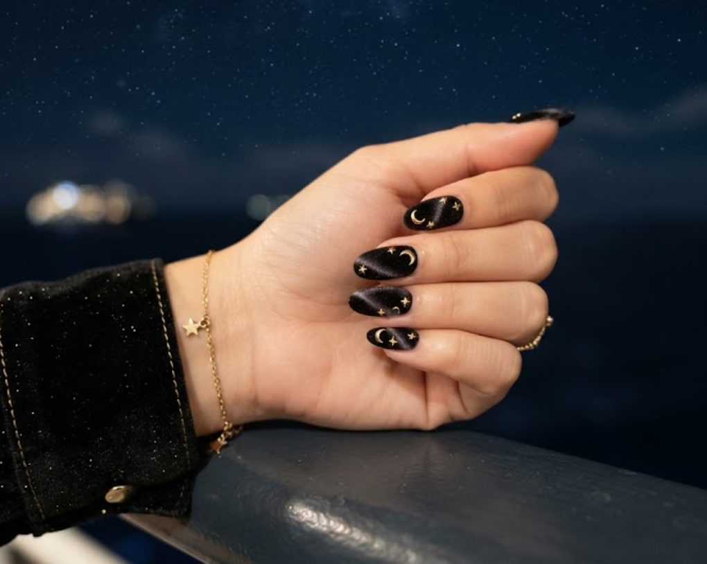 Black velvet cat-eye honeymoon nails embellished with a crystal moon and tiny gold stars.