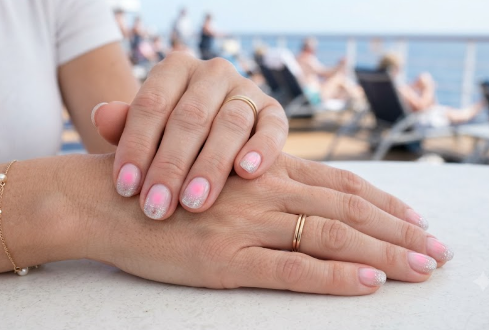 Soft pink aura honeymoon nails featuring small white hearts and a silver glitter ombre.