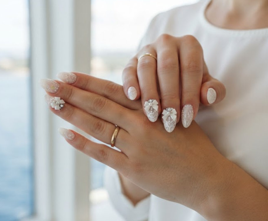 Sheer white honeymoon nails featuring intricate lace patterns and real white satin bow charms.