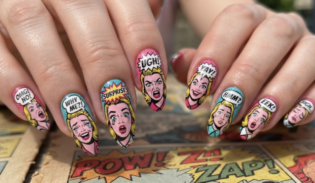 In this image, pink and turquoise comic nails feature a retro cartoon girl and pop-art panels.