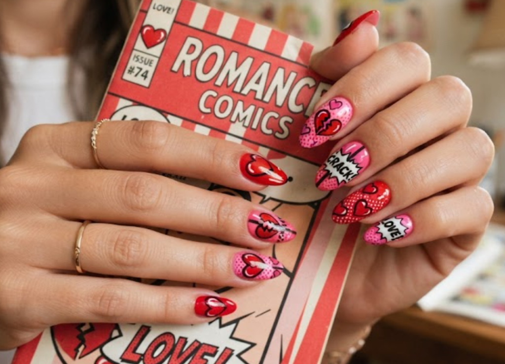 In this image, red and pink comic nails feature hearts, love bubbles and colourful pop-art details.