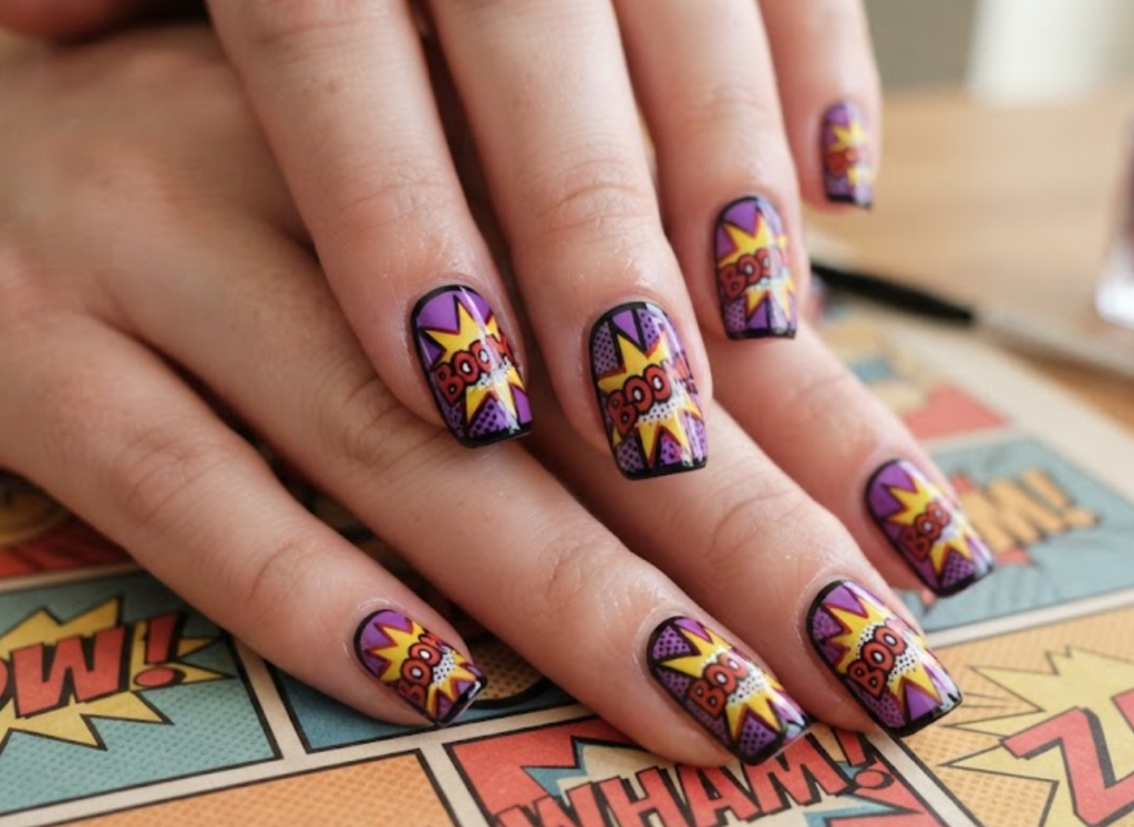 In this image, purple comic nails feature yellow starbursts, red outlines and BOOM action effects.