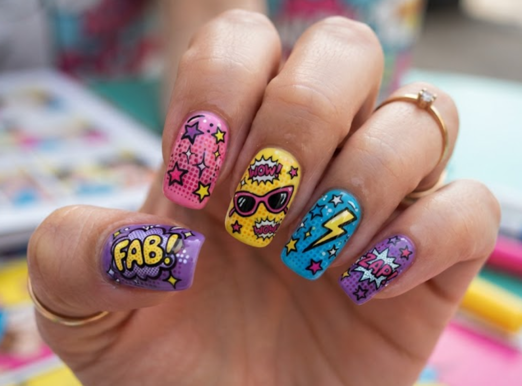 In this image, pink and yellow comic nails feature sunglasses, stars, sparkles and FAB lettering.