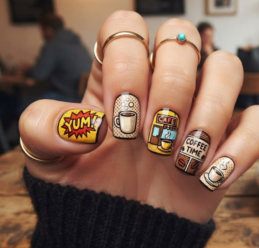 In this image, brown and cream comic nails feature cartoon coffee cups, steam and YUM speech bubbles.