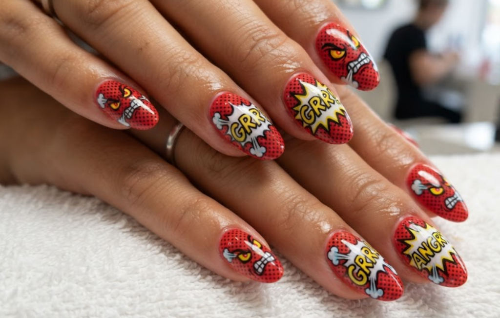 In this image, red comic nails feature angry cartoon faces, halftone backgrounds and action effects.