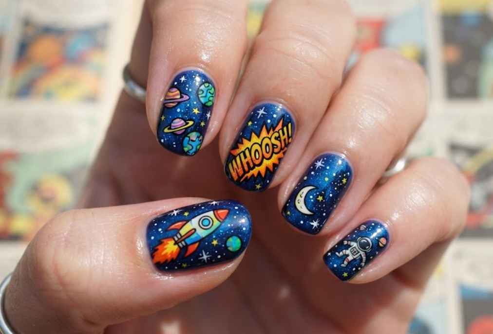 In this image, blue comic nails feature colourful rockets, planets, stars and WHOOSH lettering.