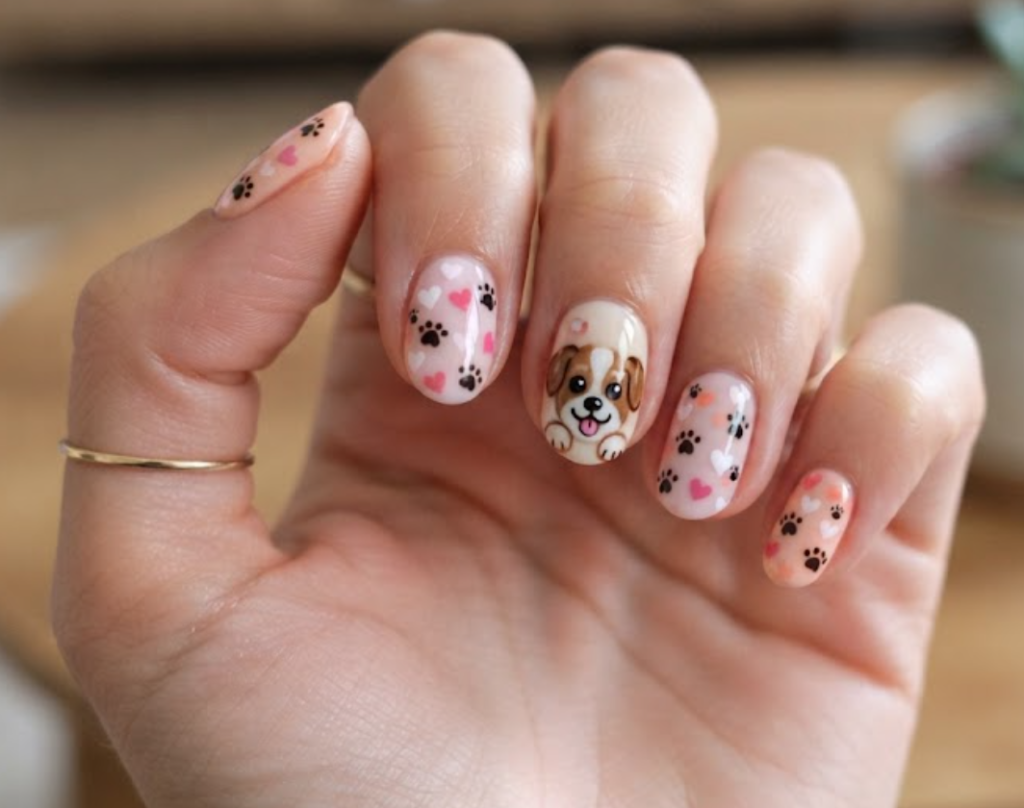 In this image, cute cartoonish puppy face nails with hearts and paw prints