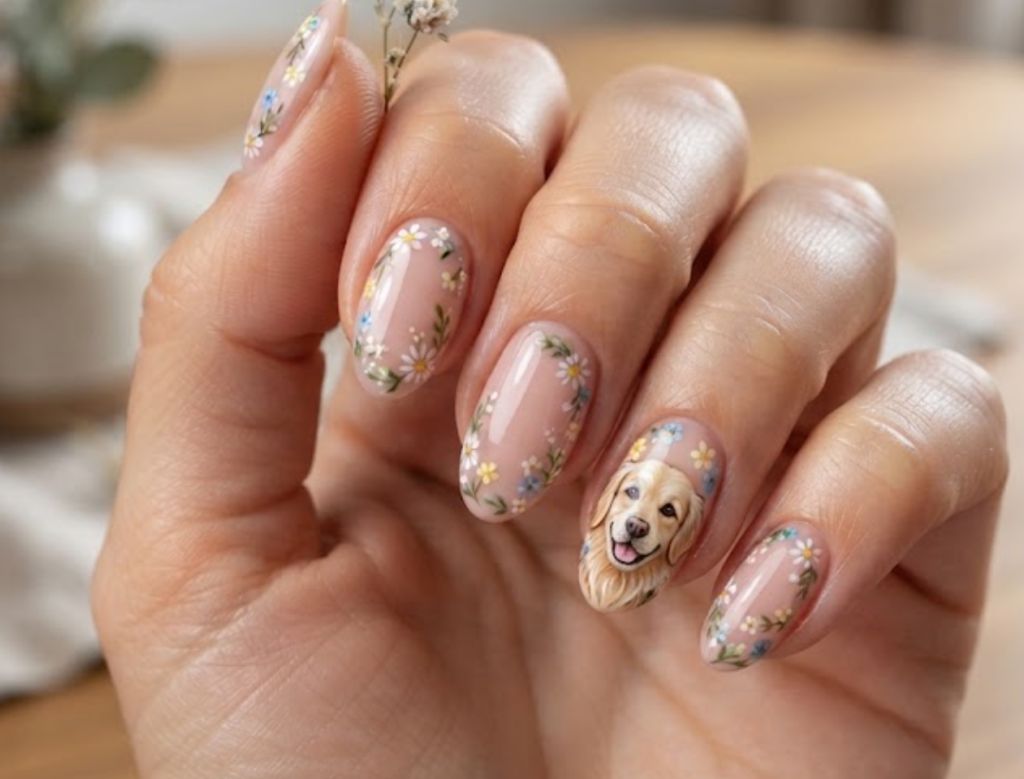 In this image, cartoonish Golden Retriever face nails with floral details