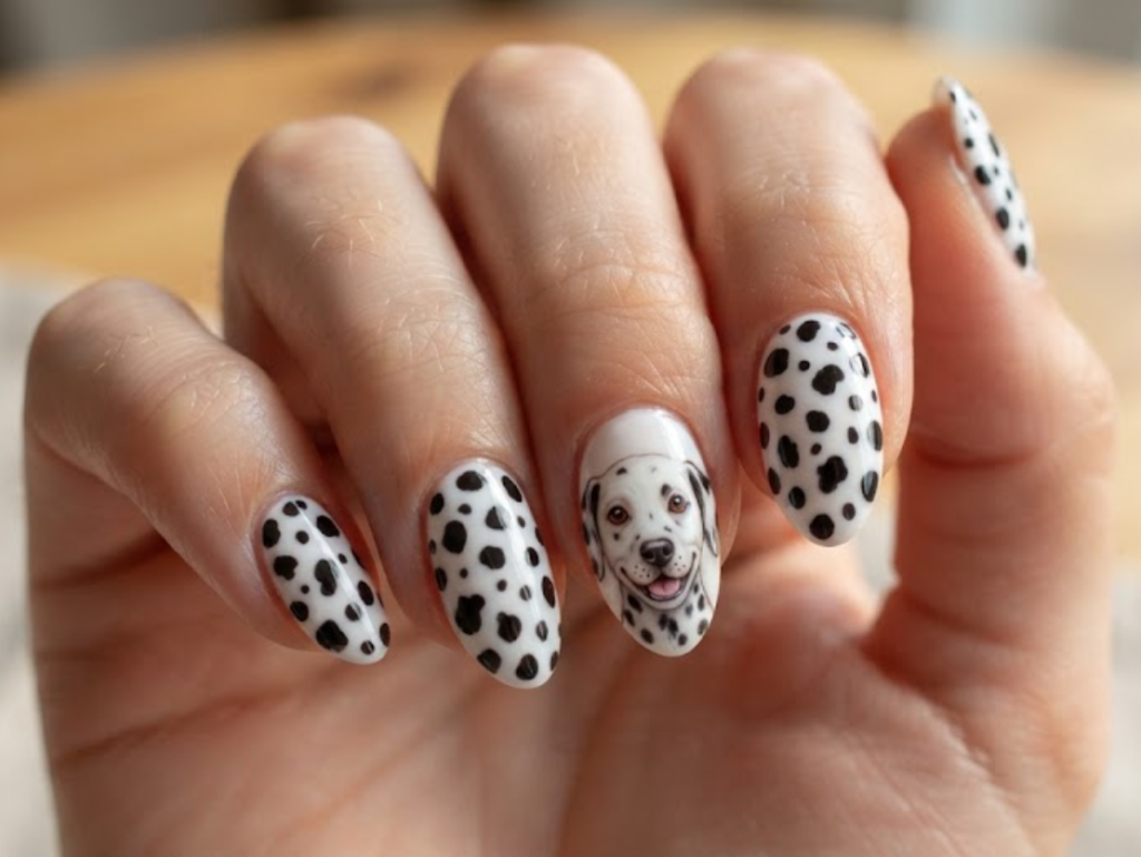 In this image, cartoonish Dalmatian face nails with black spots