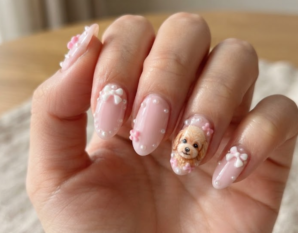 In this image, cartoonish Poodle nails with pink bows