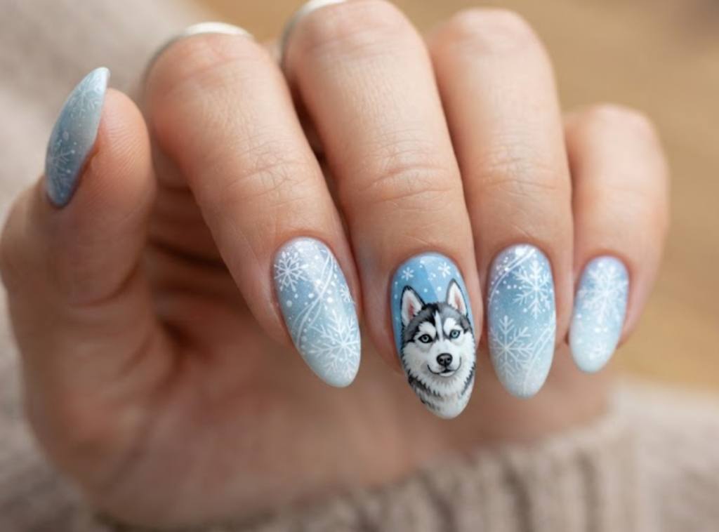 In this image, cartoonish Husky face nails with snowflakes