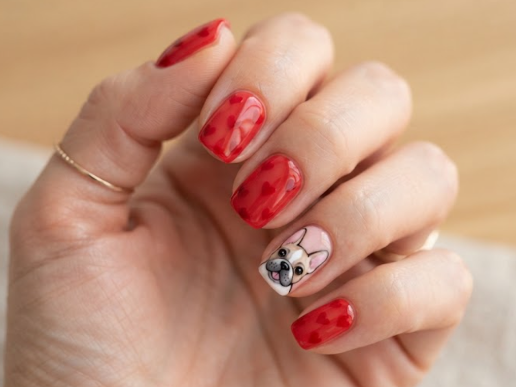 In this image, cartoonish French Bulldog nails with red hearts