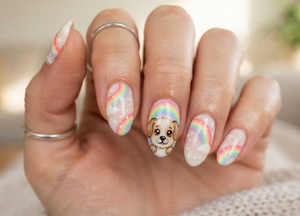 In this image, cartoonish puppy face nails with a rainbow