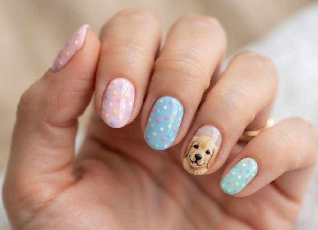 In this image, cartoonish dog face nails with polka dots