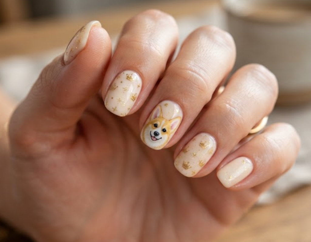 In this image, cartoonish Corgi face nails with golden crowns