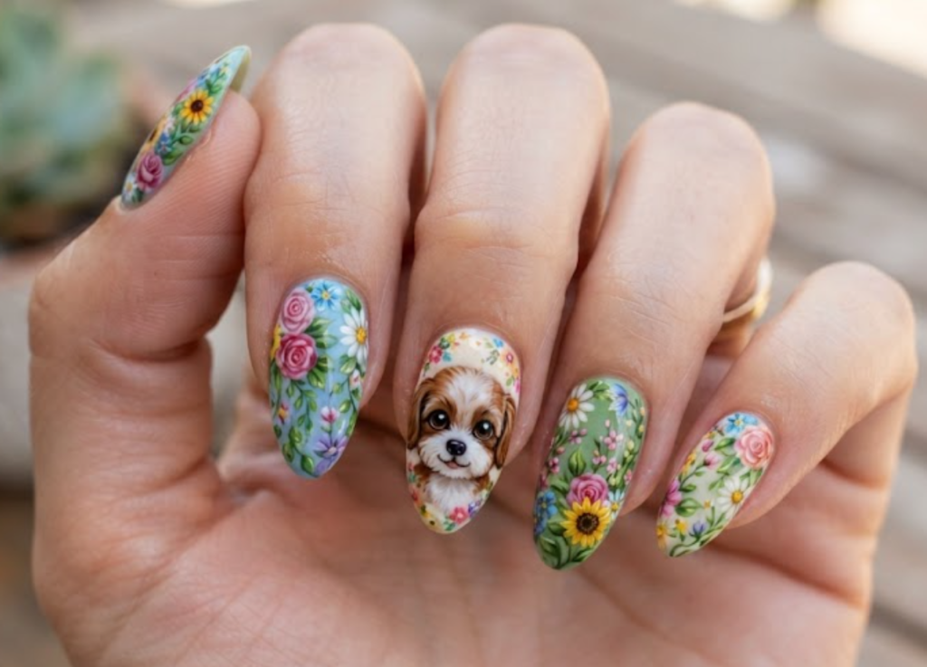 In this image, cartoonish puppy nails with colourful flowers