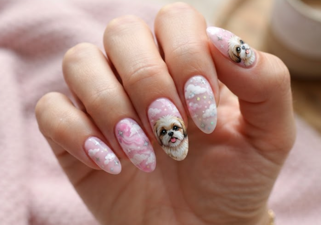 In this image, cartoonish Shih Tzu face nails with pink clouds