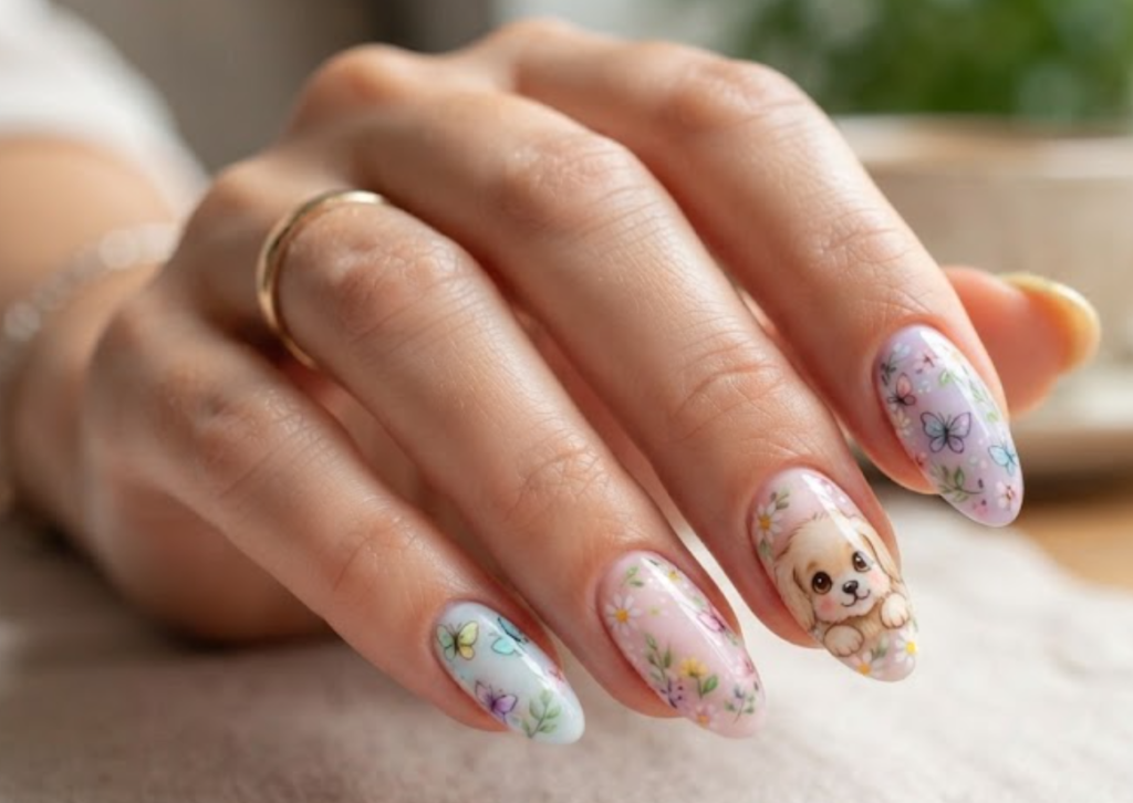 In this image, cartoonish puppy face nails with butterflies