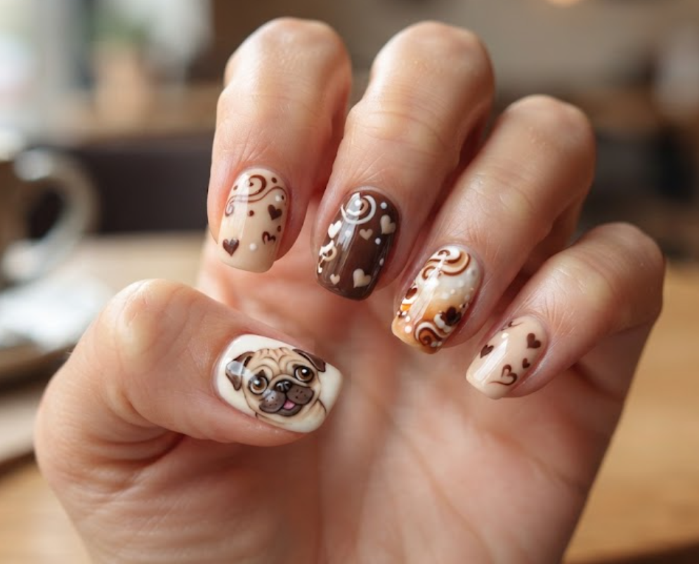 In this image, cartoonish Pug face nails with chocolate swirls