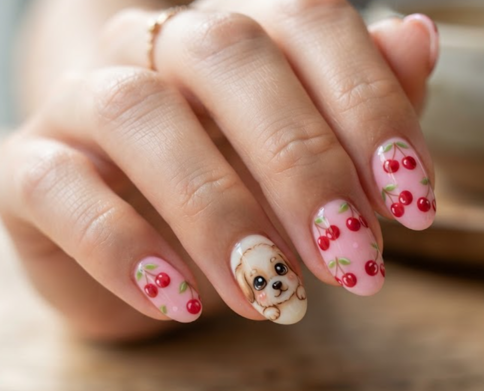 In this image, cartoonish puppy face nails with cherry art