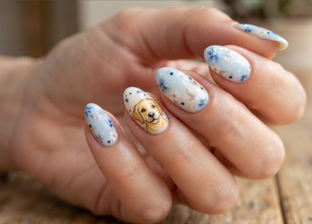 In this image, cartoonish Labrador face nails with blue flowers