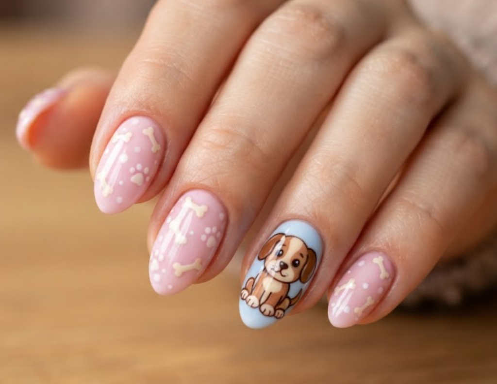 In this image, cartoonish full dog shape nails with bone details