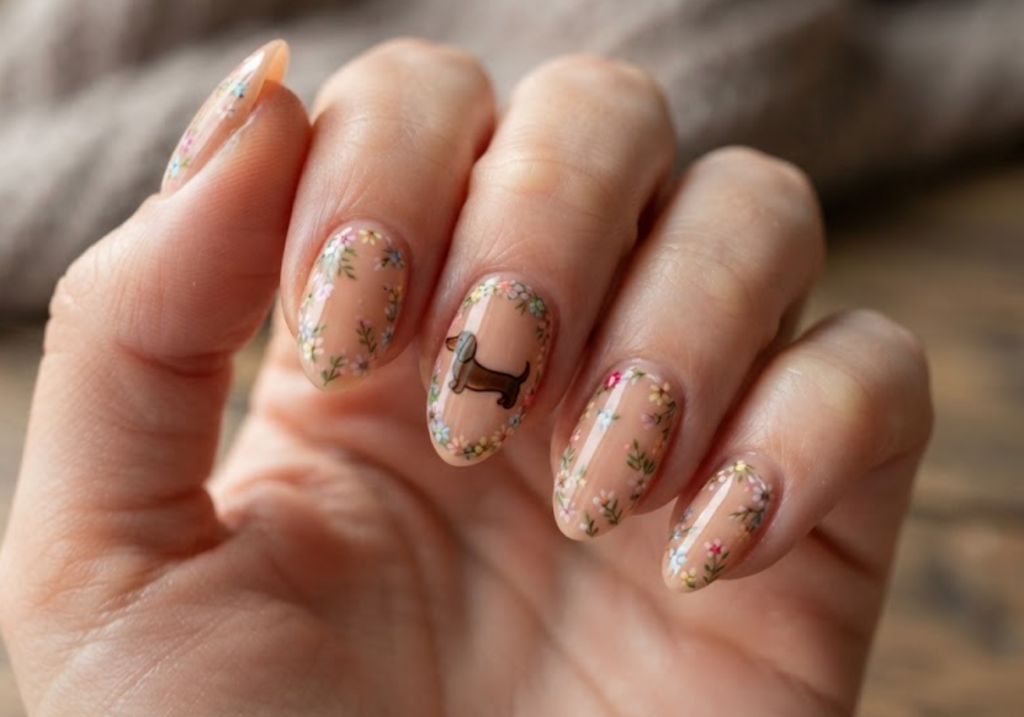 In this image, cartoonish Dachshund silhouette nails with flowers