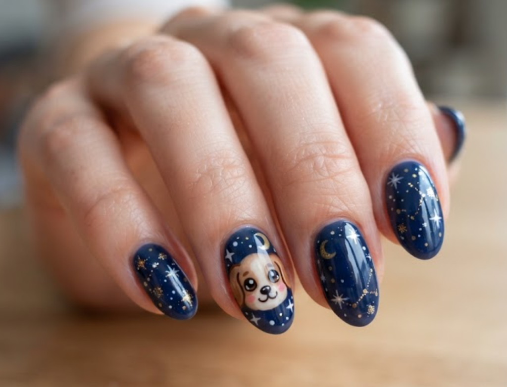 In this image, cartoonish puppy face nails with starry night art