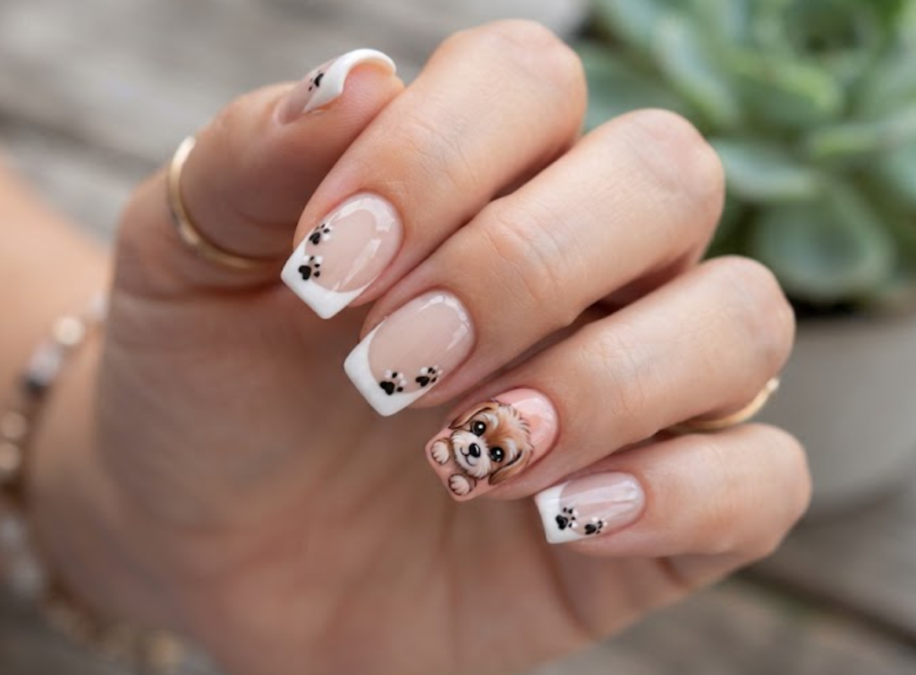 In this image, cartoonish puppy nails with paw print French tips