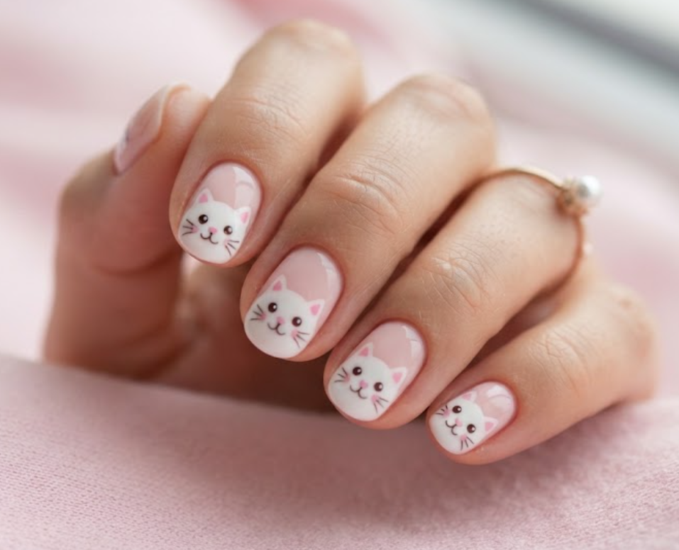 In this image, blush pink nails with cute white cartoon cat faces