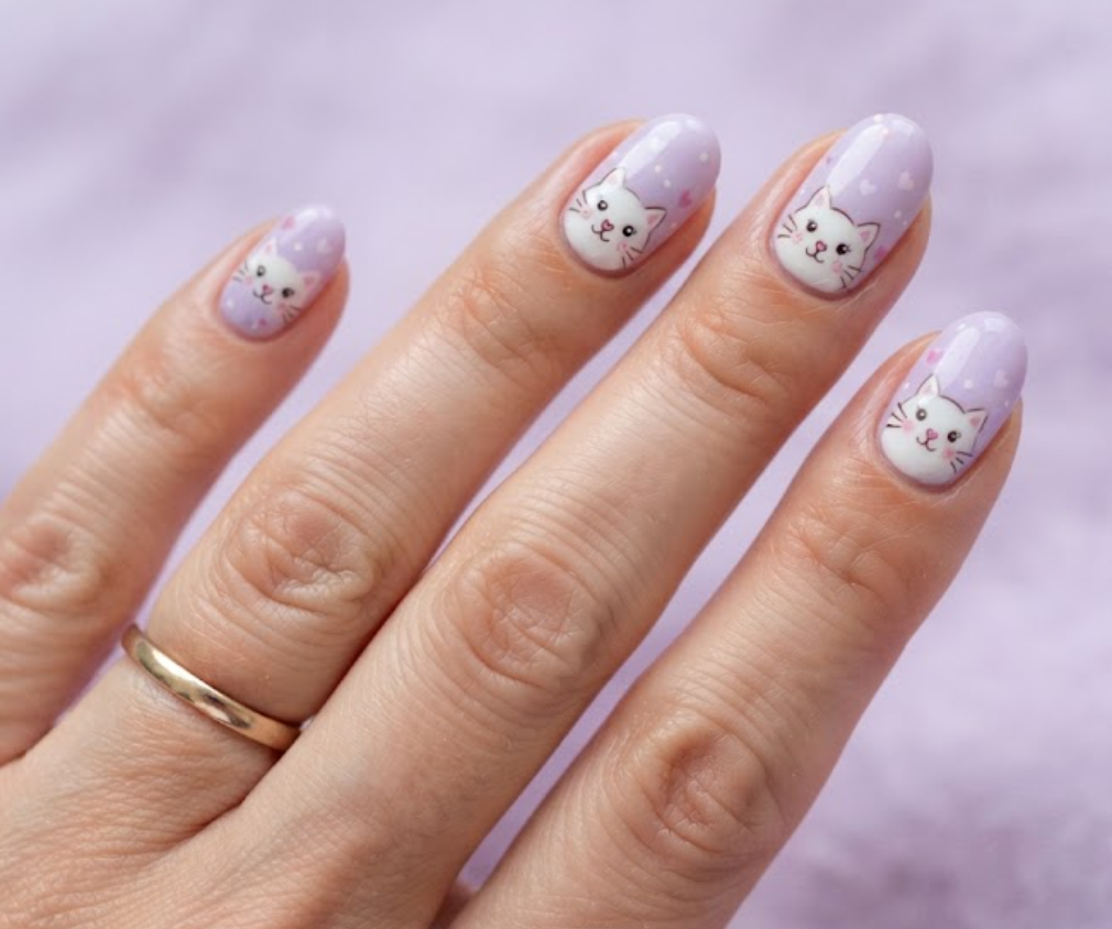 In this image, lavender nails with cartoon kitty faces and whiskers