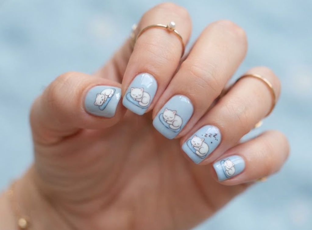 In this image, baby blue nails with cute sleeping cartoon cats