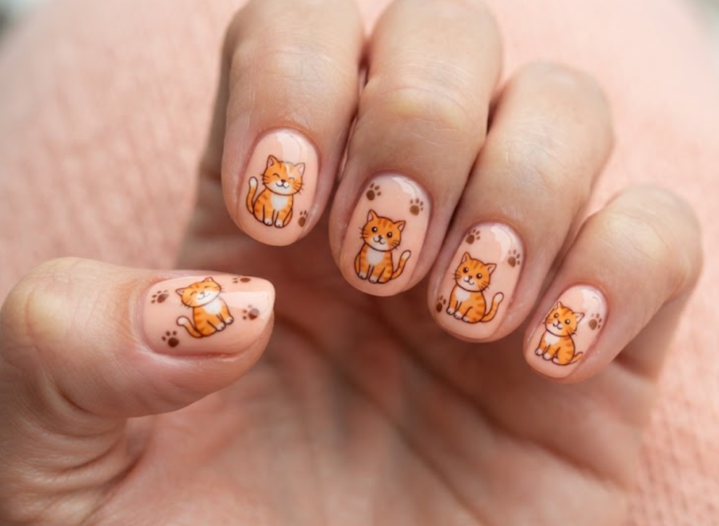 In this image, peach nails with an orange cartoon cat and paw prints