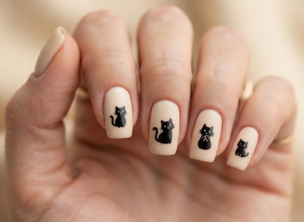 In this image, creamy beige nails with minimalist black cartoon cats