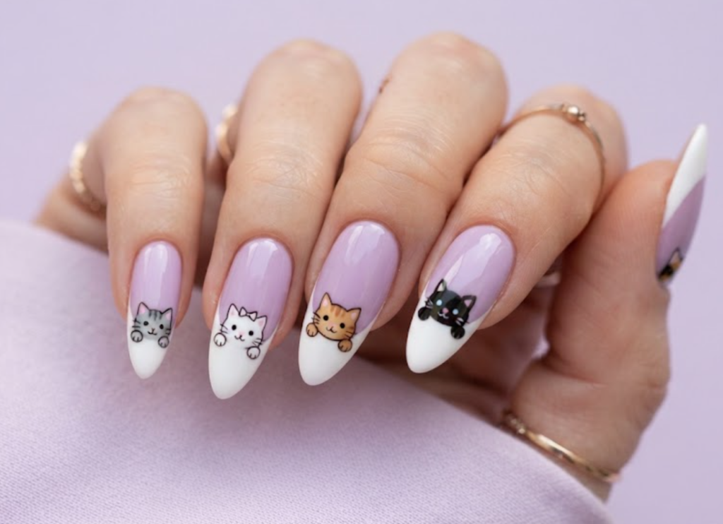 In this image, lilac French tip nails with peeking cartoon cats