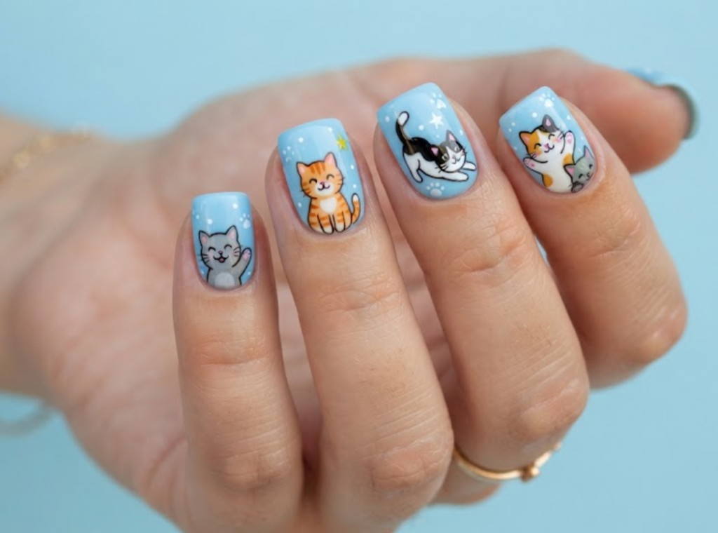 In this image, sky blue nails with playful cartoon cat designs
