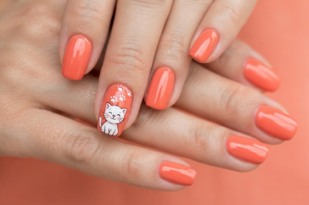 In this image, coral orange nails with a white cartoon kitten and paw prints