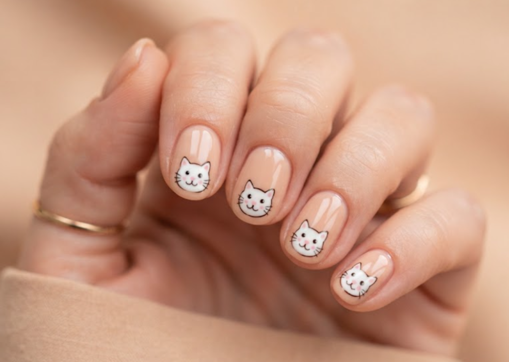 In this image, peach nude nails with cute smiling cartoon cat faces